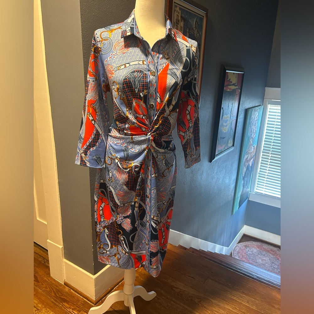 Gretchen Scott Designs Blue and Red Patterned Long Sleeve Dress